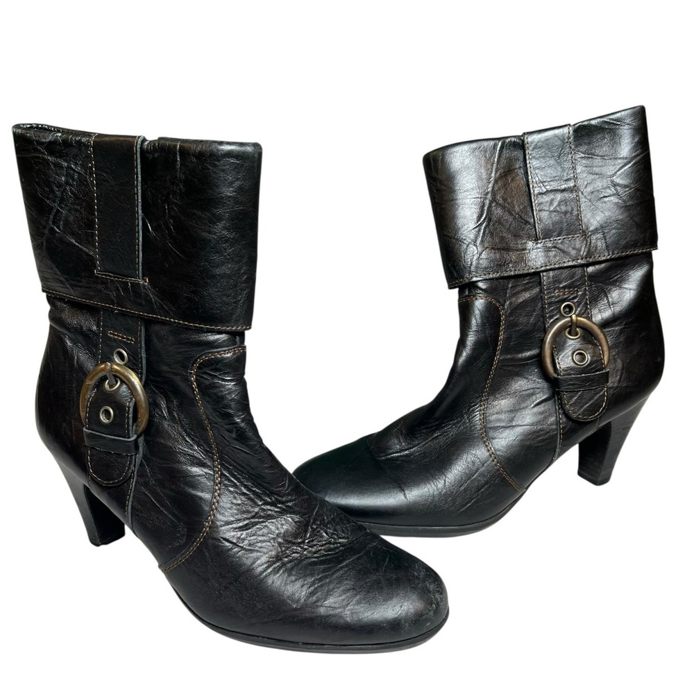 Paul Green Heeled Harness Boots 6.5 Black Leather Buckle Cuffed Western Booties